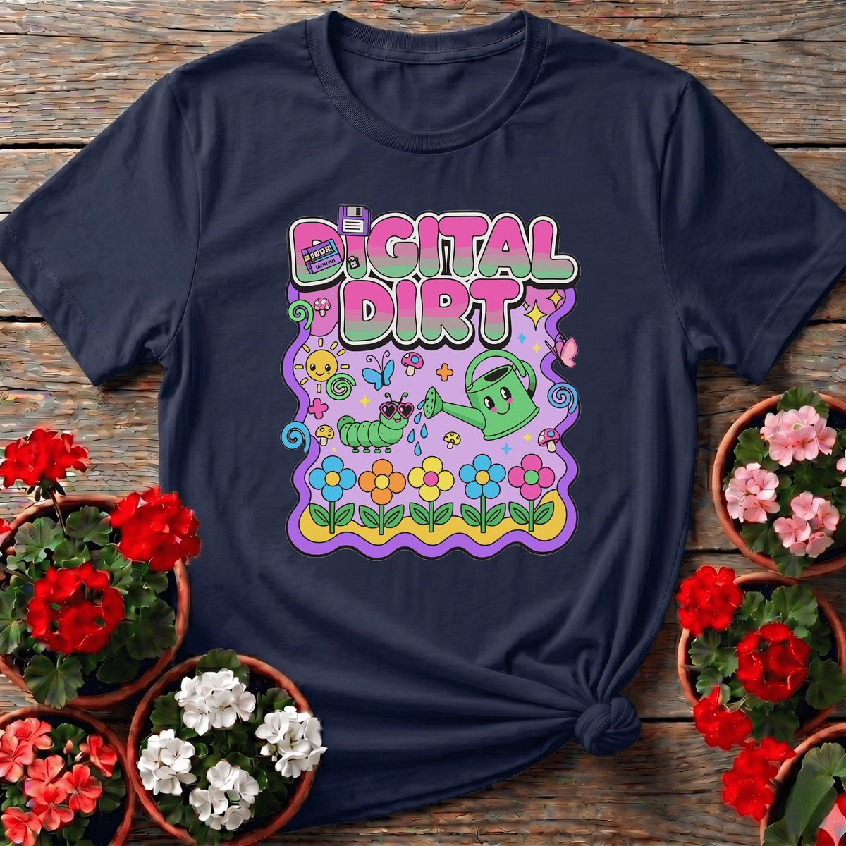 Navy retro kawaii gardening top with Digital Dirt design featuring daisy flowers, mushrooms, and bubbly gradient text