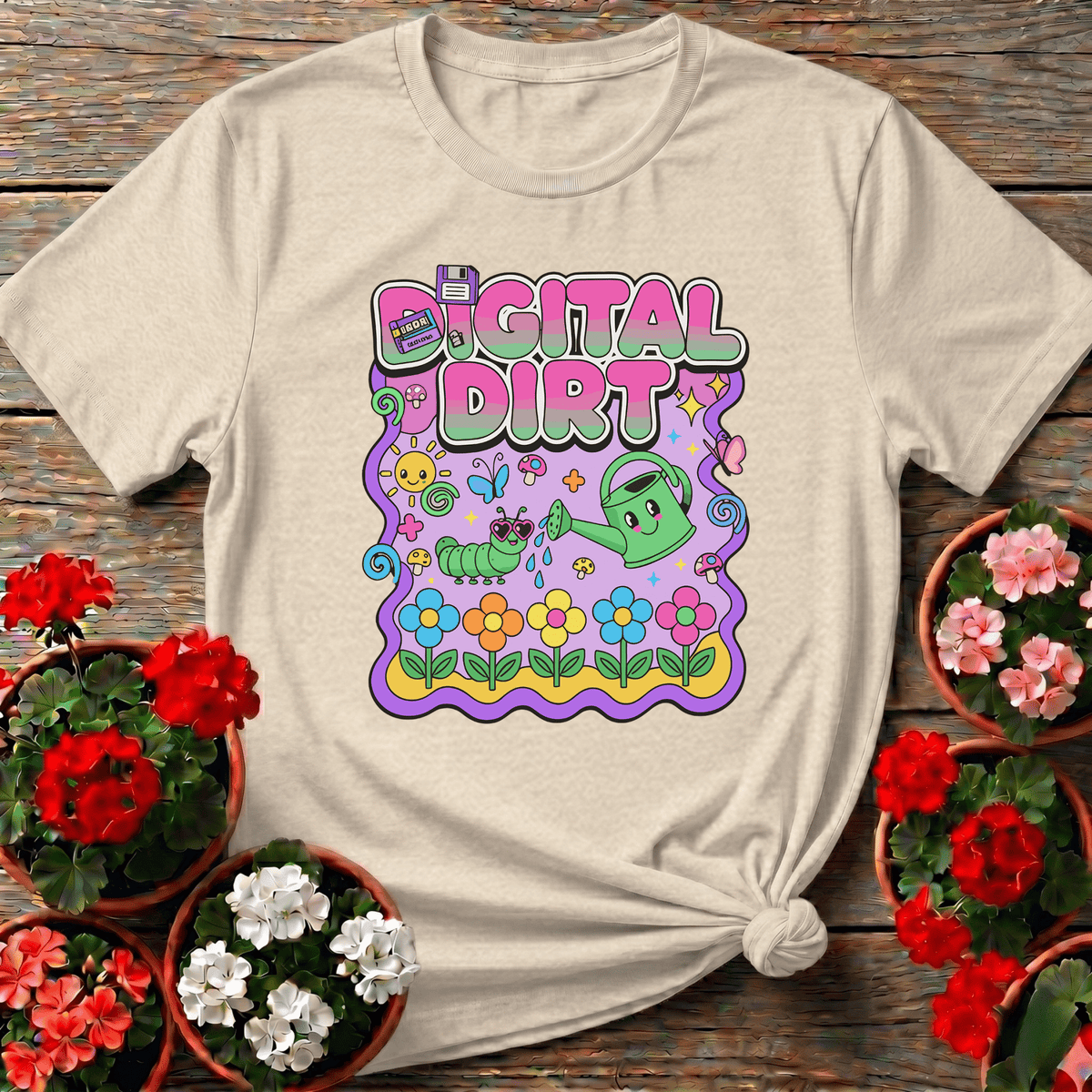 Natural nostalgic kawaii gardening top with Digital Dirt design featuring lavender border and cheerful garden characters