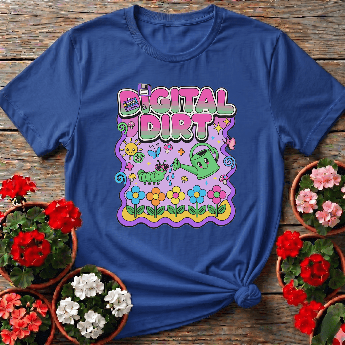 Royal nostalgic kawaii gardening t-shirt with Digital Dirt illustration of floppy disk, cassette tape, and garden critters