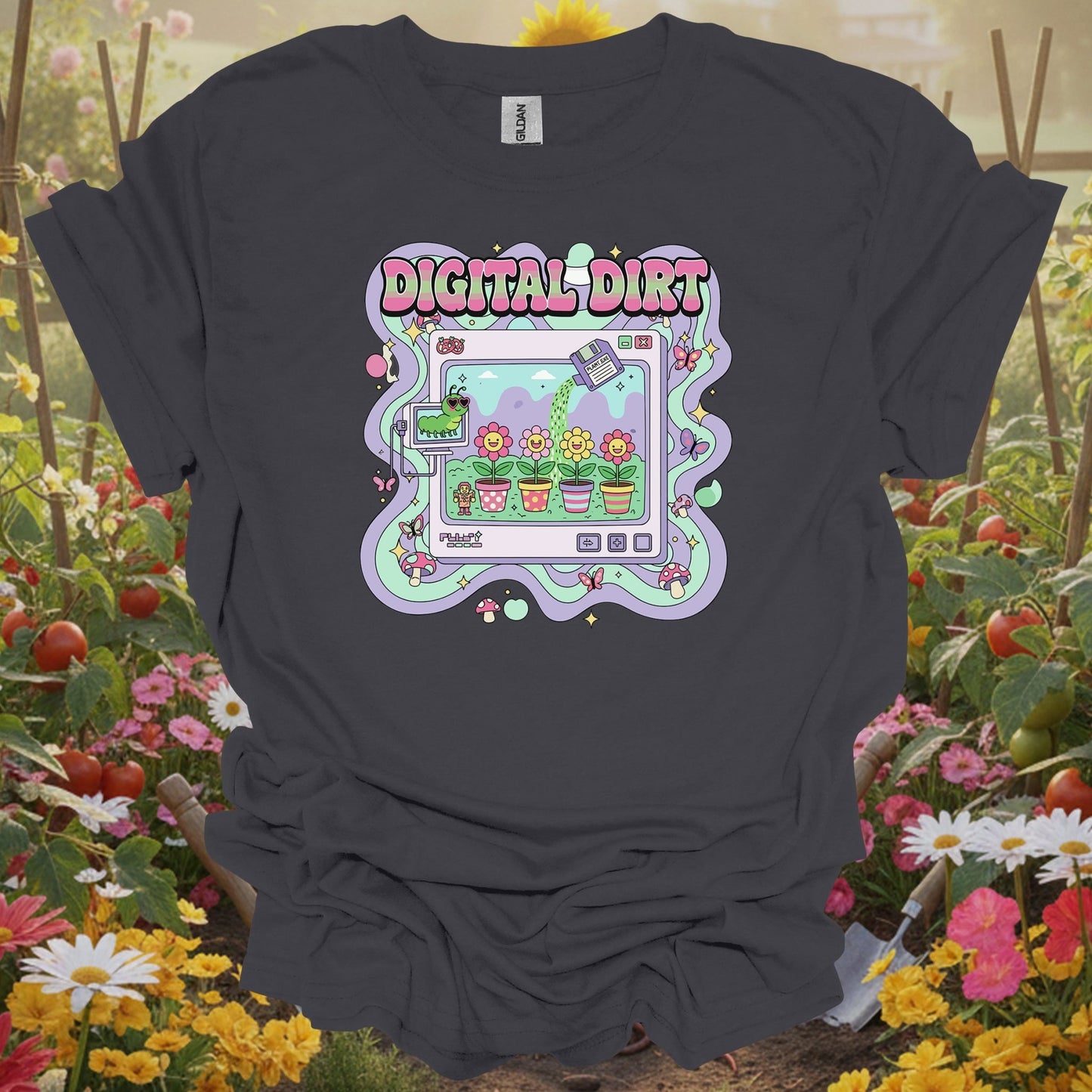 Charcoal tee showing digital dirt y2k kidcore computer gardening for plant lovers