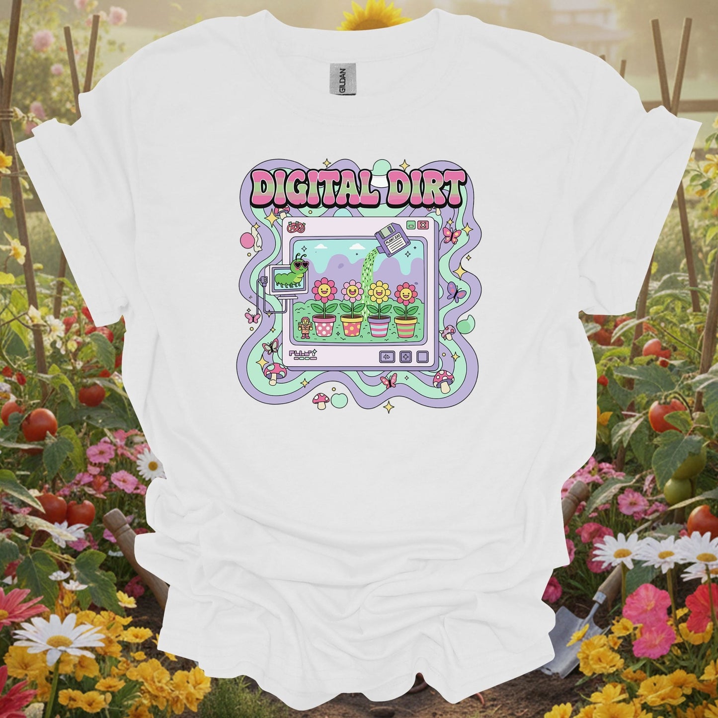 White tee showing digital dirt y2k kidcore computer gardening for garden hobbyists