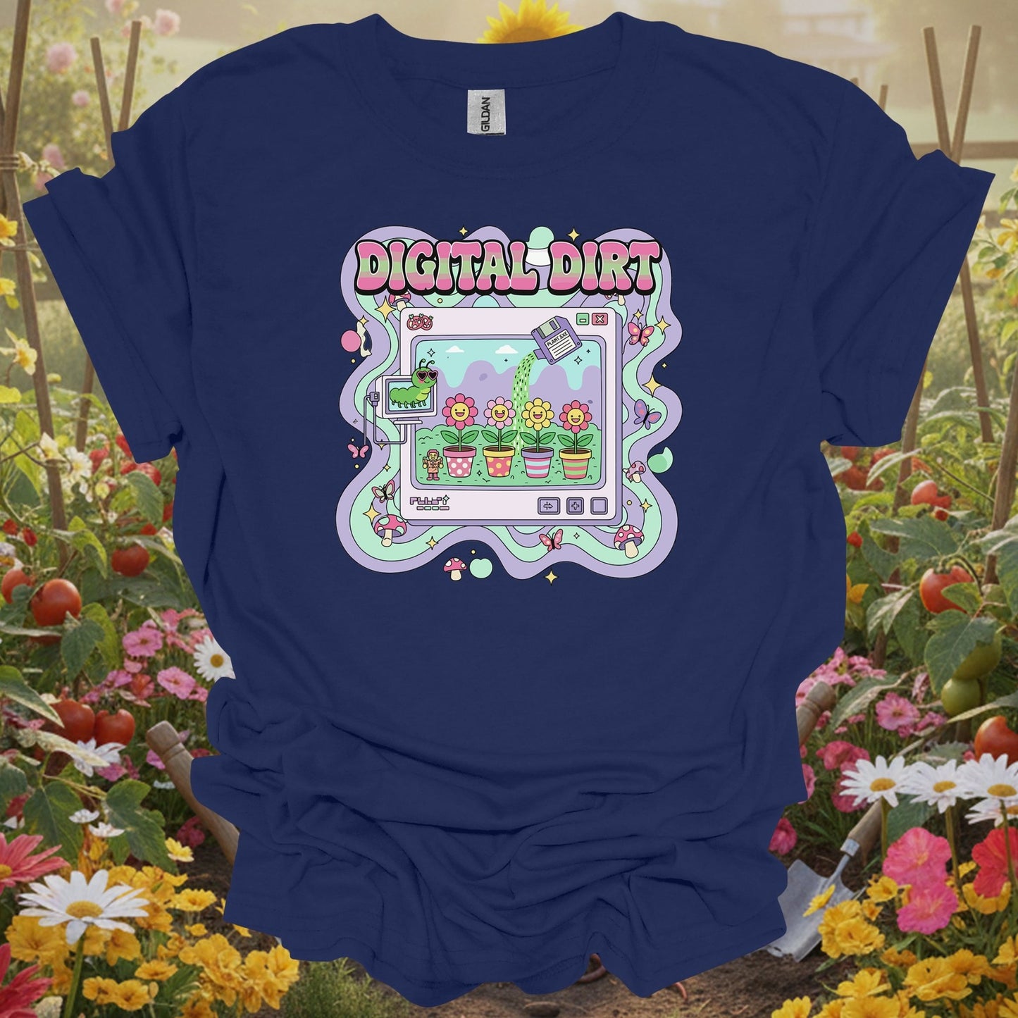 Navy top showing digital dirt y2k kidcore computer gardening for green thumb folks