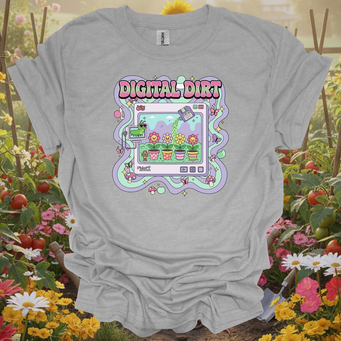 Sport Grey tshirt showing digital dirt y2k kidcore computer gardening for gardening enthusiasts