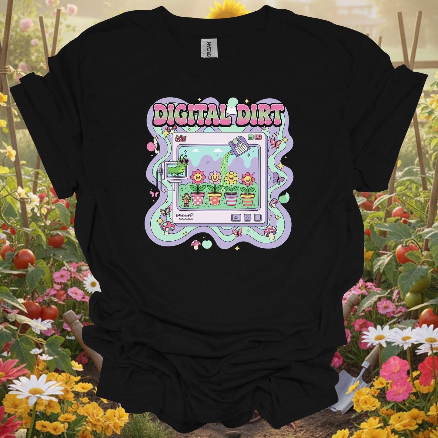 Black shirt showing digital dirt y2k kidcore computer gardening for outdoor enthusiasts
