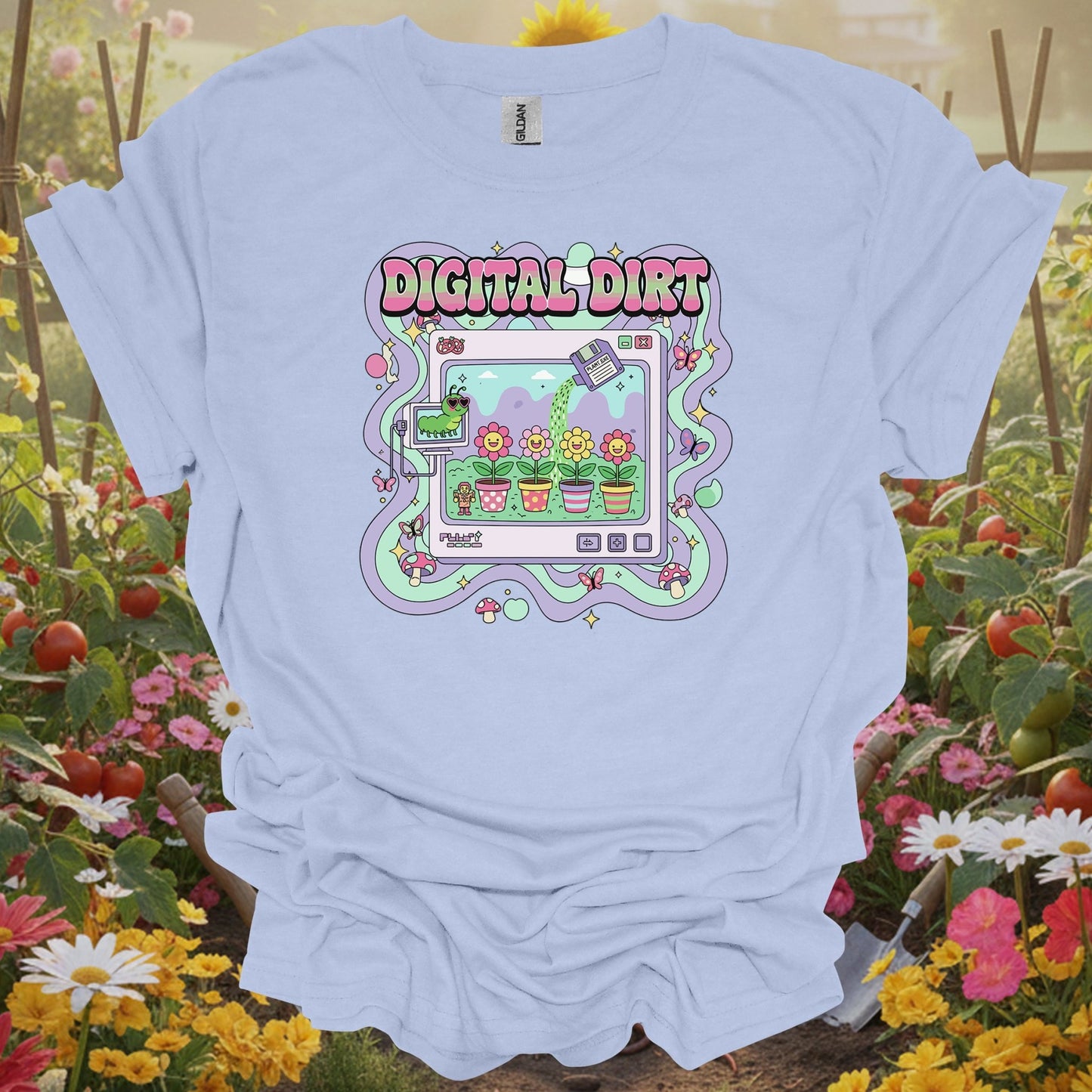 Light Blue shirt showing digital dirt y2k kidcore computer gardening for home gardeners
