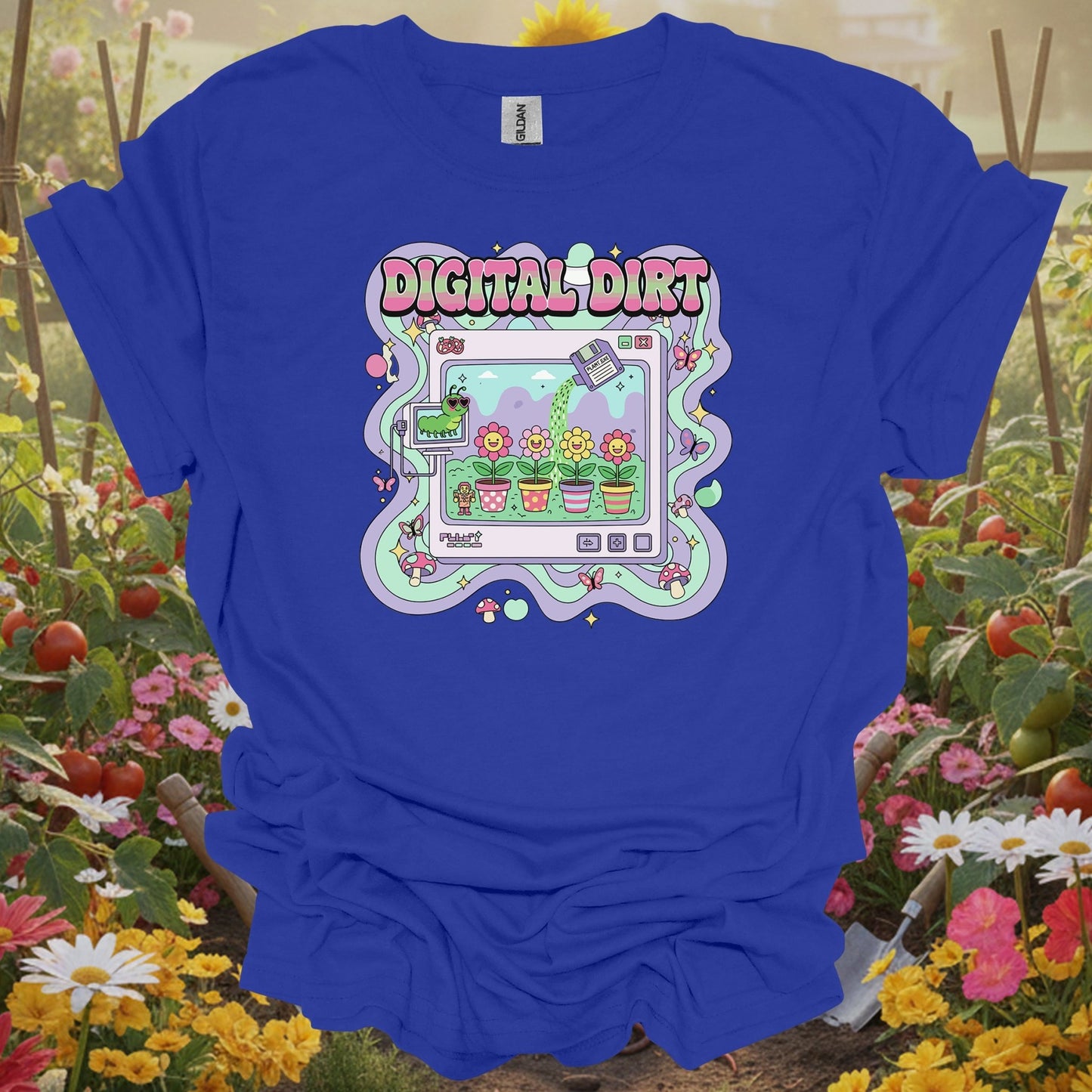 Royal tshirt showing digital dirt y2k kidcore computer gardening for backyard growers