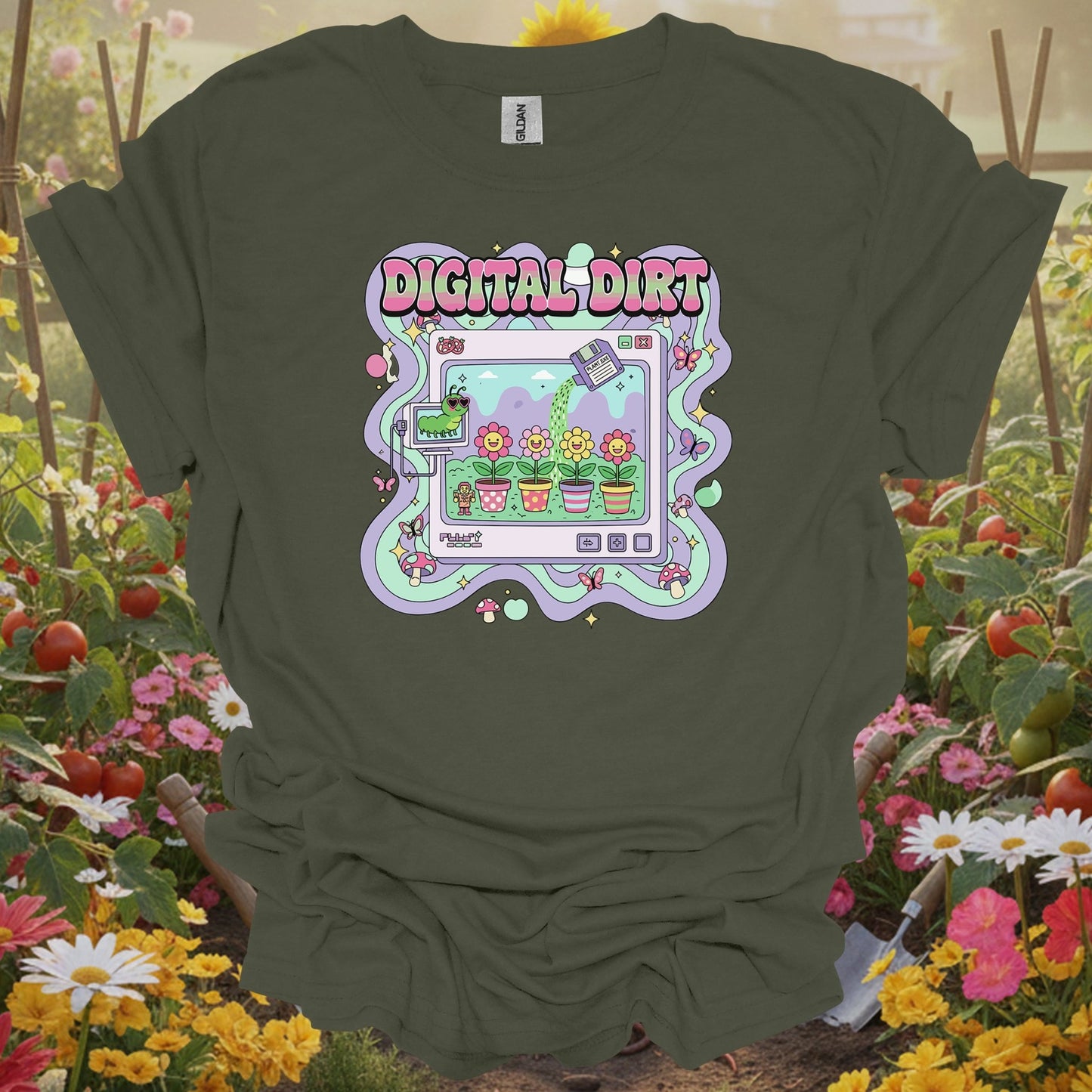 Military Green top showing digital dirt y2k kidcore computer gardening for nature lovers