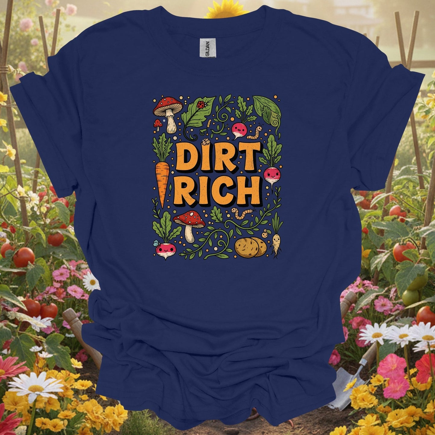 Navy shirt showing dirt rich vintage style clever harvest for home gardeners