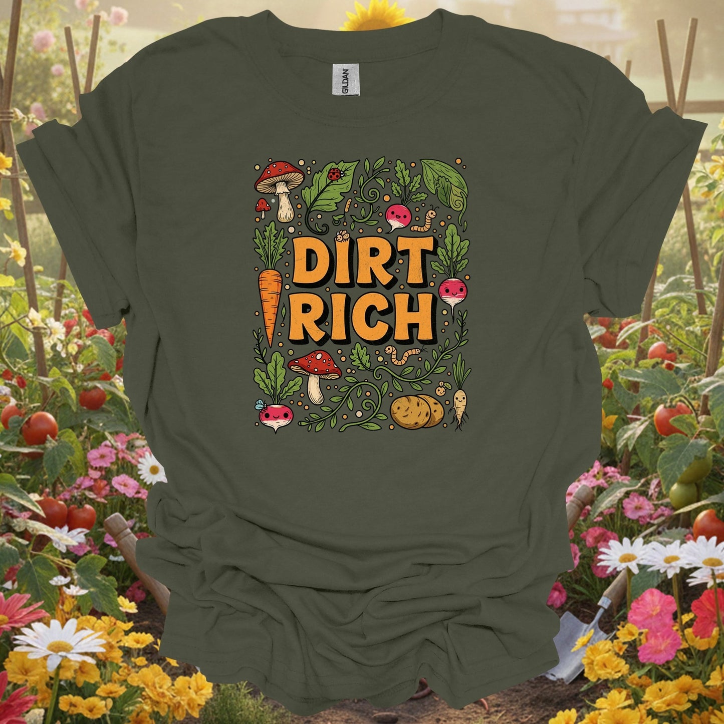 Military Green top showing dirt rich vintage style clever harvest for nature lovers