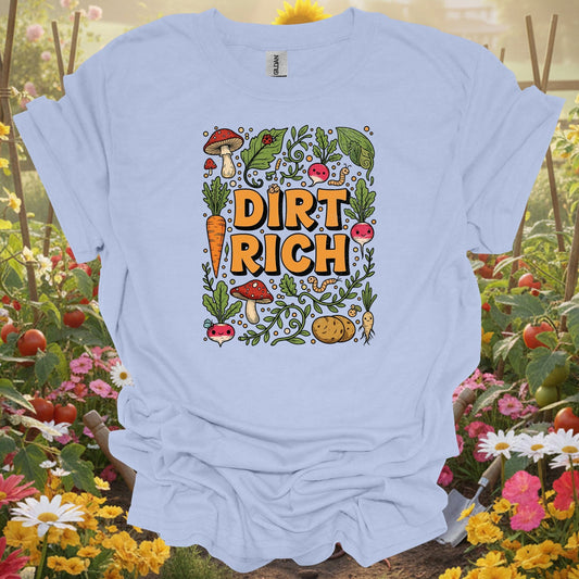 Light Blue tee showing dirt rich vintage style clever harvest for plant lovers