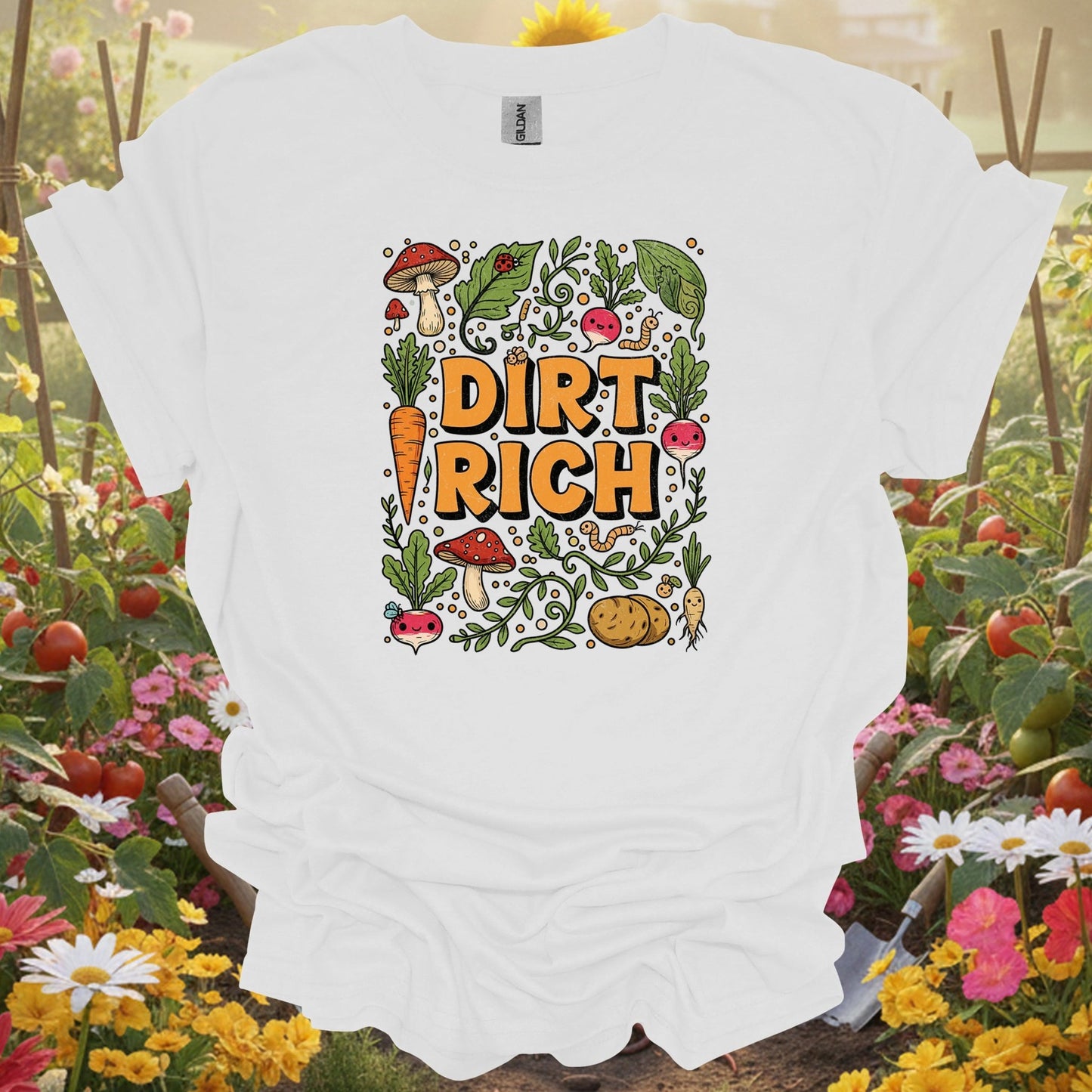 White tee showing dirt rich vintage style clever harvest for garden hobbyists