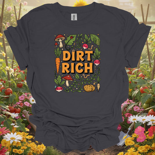 Charcoal tshirt showing dirt rich vintage style clever harvest for gardening enthusiasts