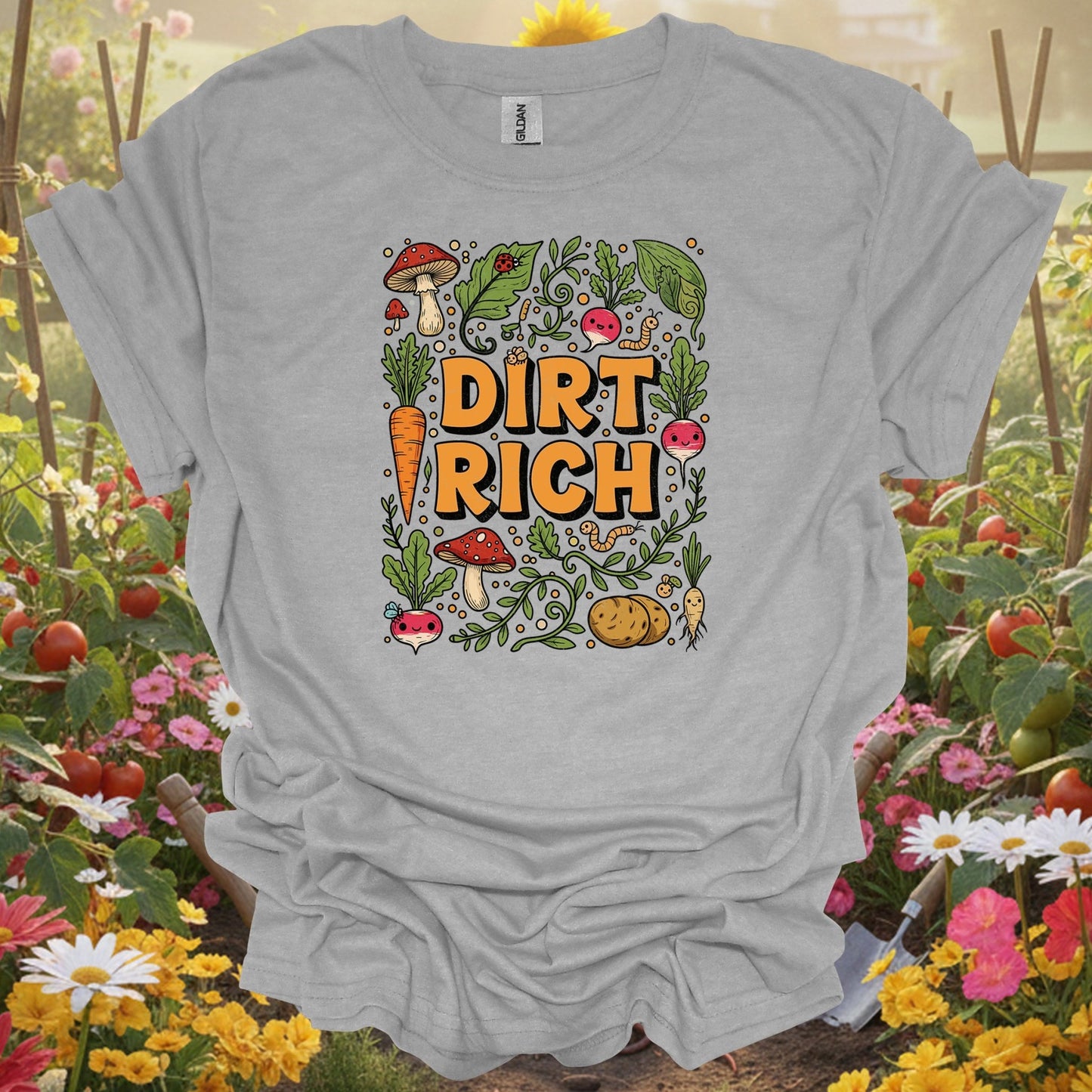 Sport Grey tshirt showing dirt rich vintage style clever harvest for backyard growers