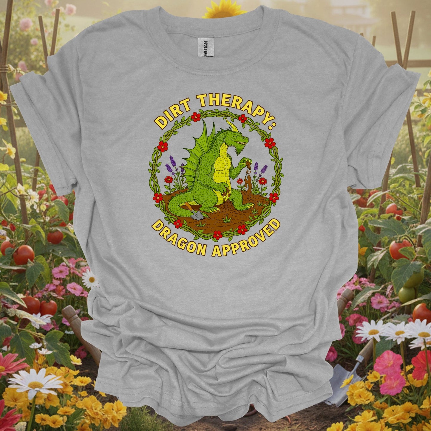 Sport Grey tee showing dirt therapy dragon approved funny for garden hobbyists