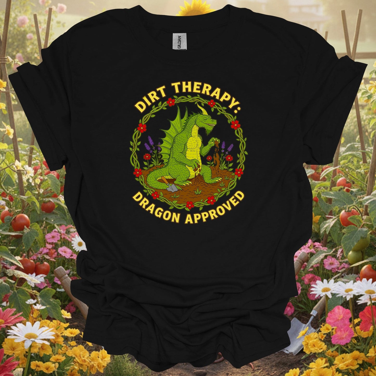 Black top showing dirt therapy dragon approved funny for nature lovers