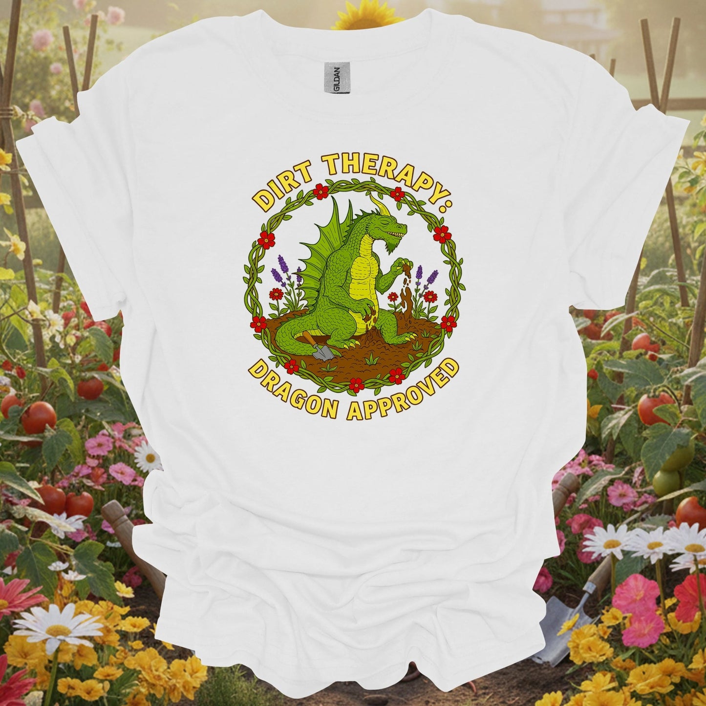 White shirt showing dirt therapy dragon approved funny for outdoor enthusiasts