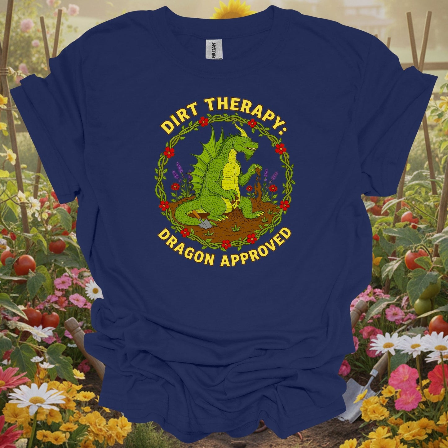 Navy top showing dirt therapy dragon approved funny for green thumb folks