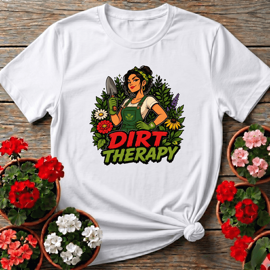 White vibrant floral illustration gardening shirt "Dirt Therapy" for women who garden to unwind