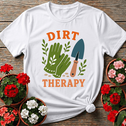 White illustrated gloves and trowel gardening shirt with "Dirt Therapy" for home gardeners