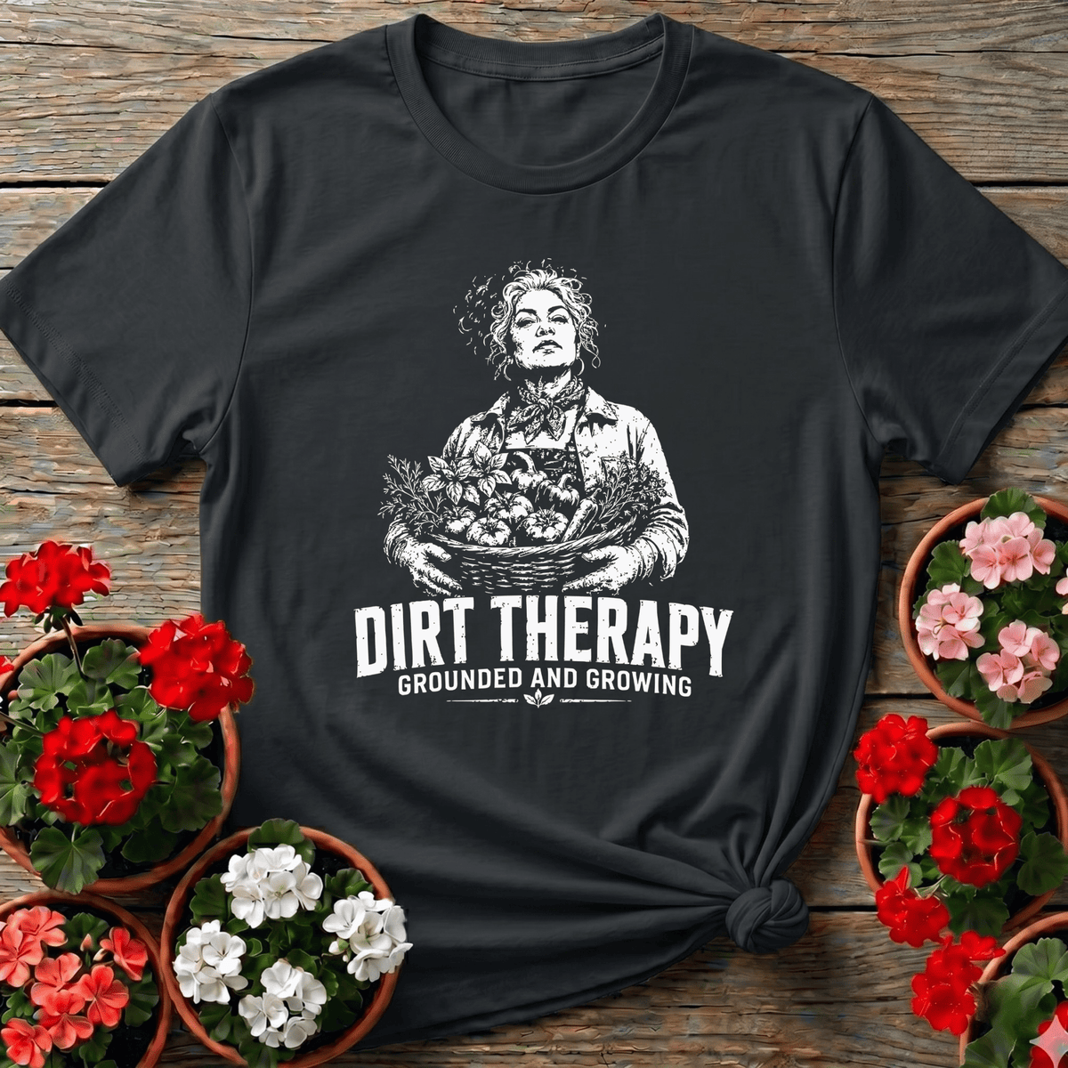Black vintage woodcut farmhouse gardening tee "Dirt Therapy Grounded and Growing" for women who garden to heal.