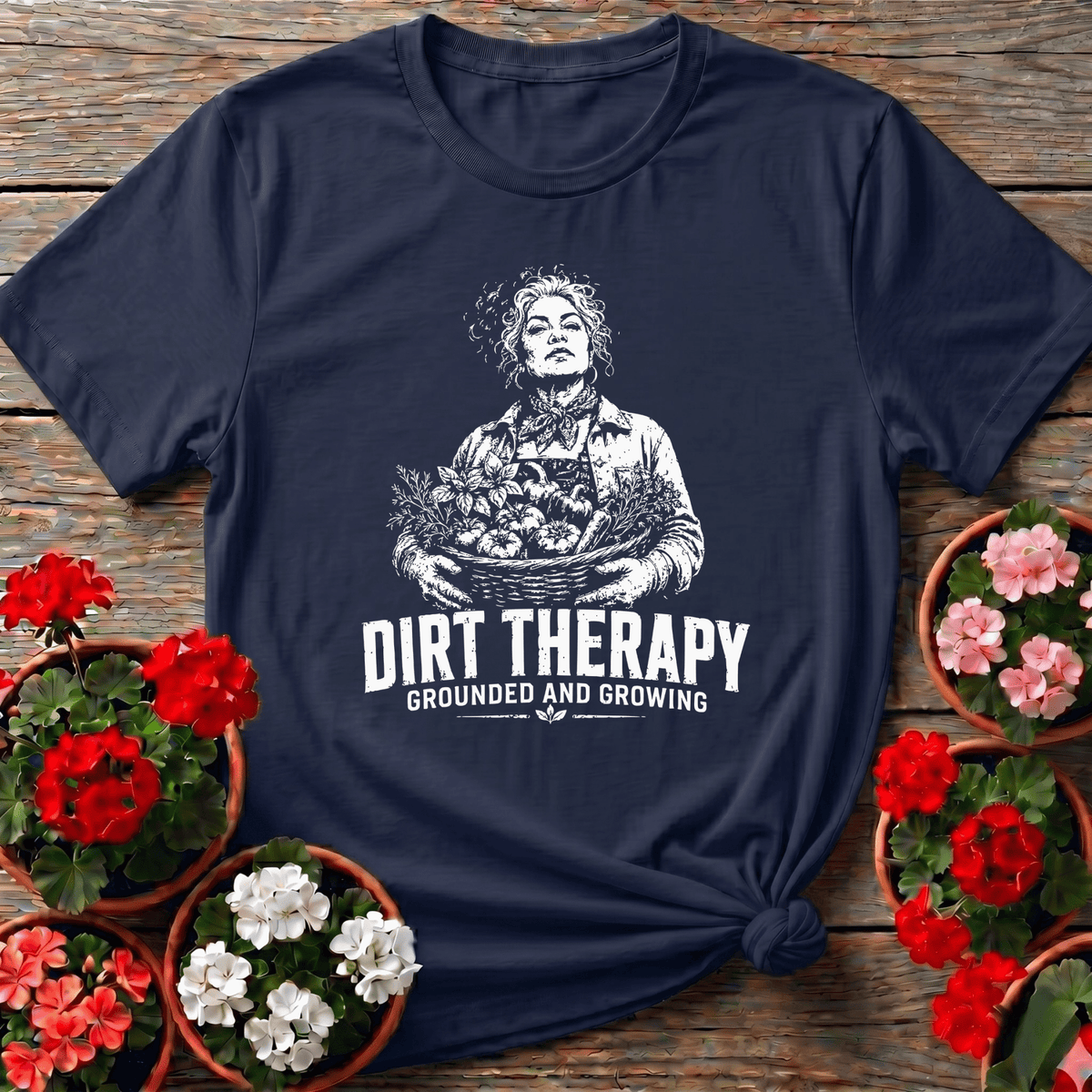 Navy bold distressed farmhouse gardening t-shirt "Dirt Therapy Grounded and Growing" for slow-living garden lovers.