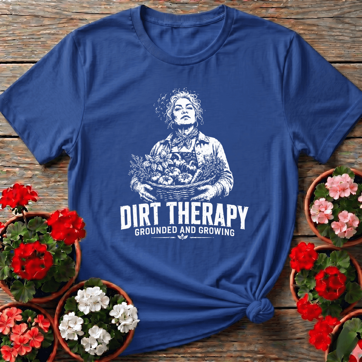 Royal vintage-inspired confident woman gardening top "Dirt Therapy Grounded and Growing" for grounded gardeners.