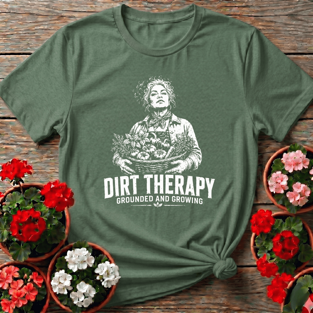 Military Green earthy homestead gardening apparel "Dirt Therapy Grounded and Growing" for the kitchen garden keeper.