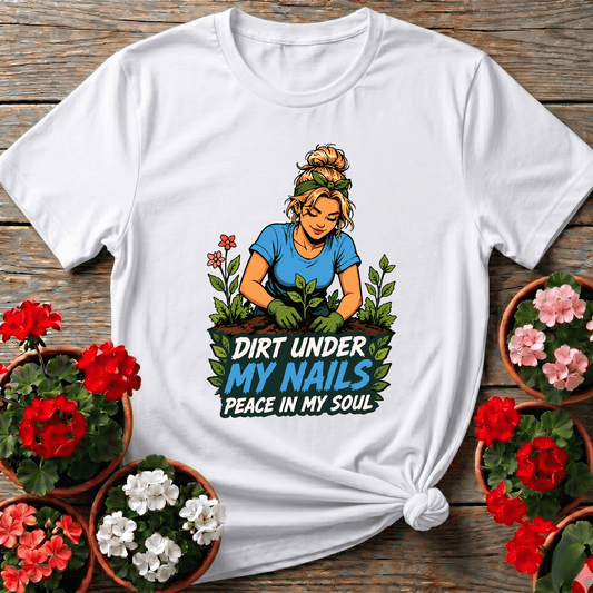 White illustrated cottage-style gardening shirt with planting woman graphic for nature-loving women