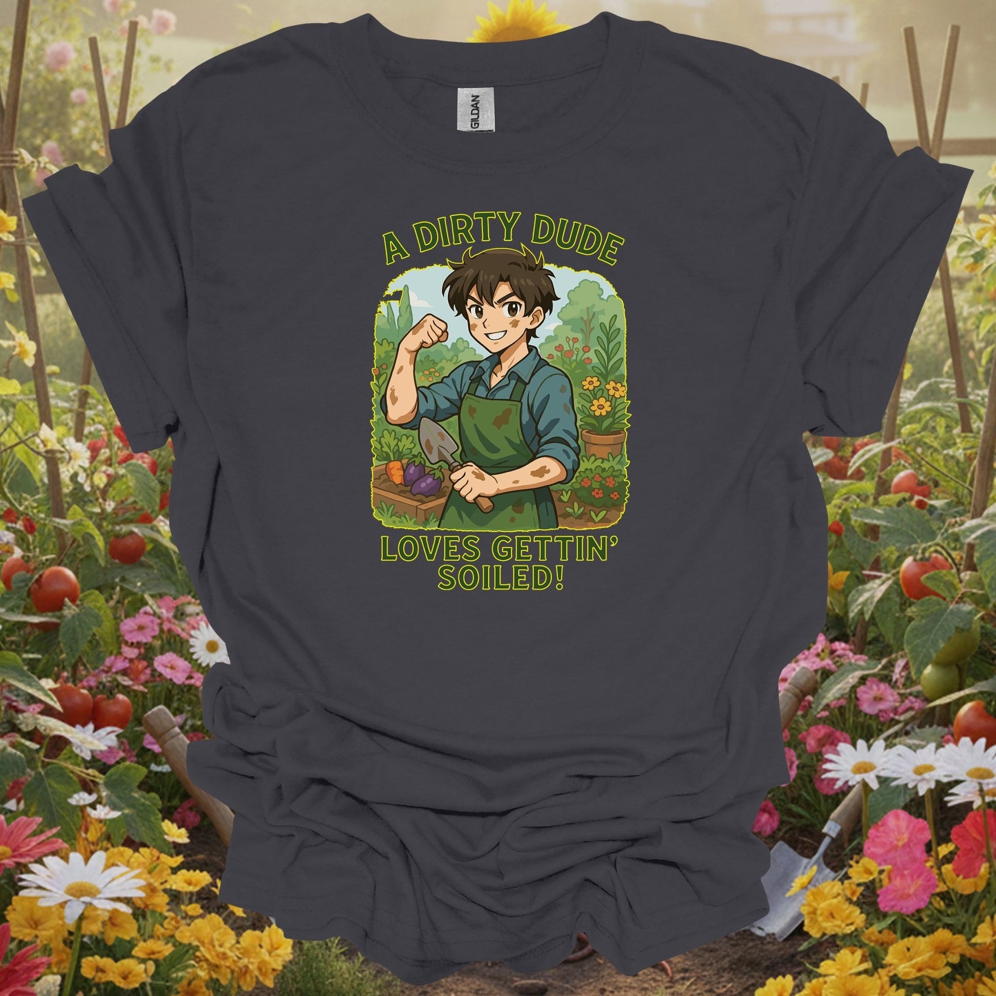 Charcoal tee showing playful manga-style dirty dude getting soiled for people who embrace the mess