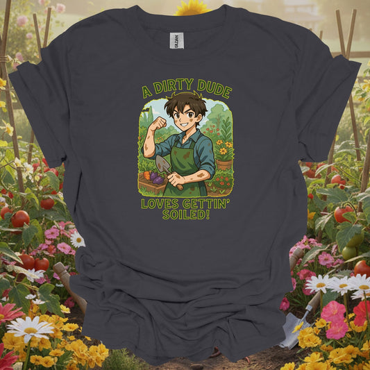 Charcoal tee showing playful manga-style dirty dude getting soiled for people who embrace the mess