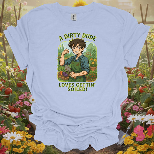 Light Blue tshirt showing playful manga-style dirty dude getting soiled for manga fans who garden