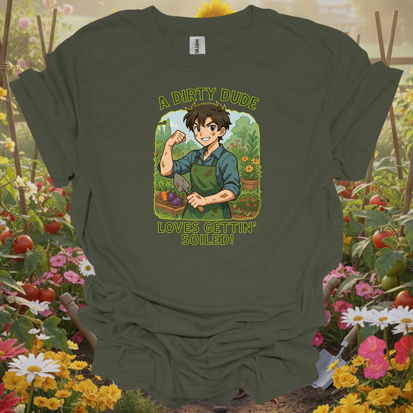 Military Green top showing playful manga-style dirty dude getting soiled for playful gardeners