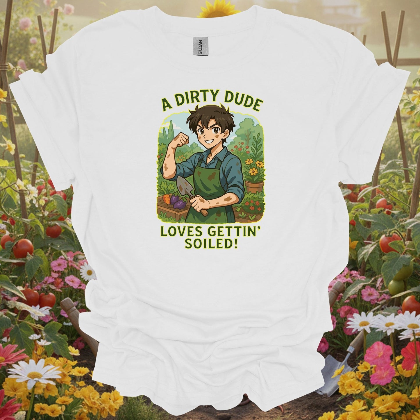 White tee showing playful manga-style dirty dude getting soiled for manga art lovers