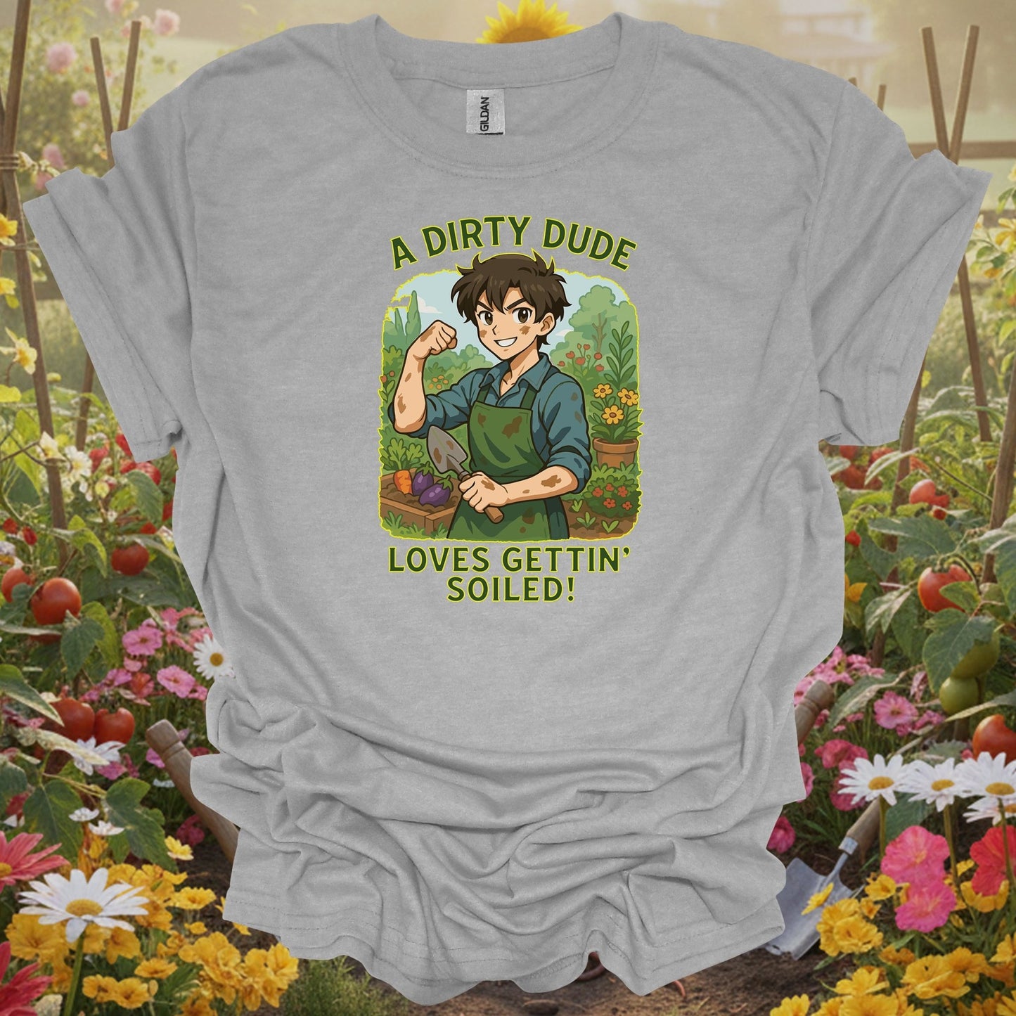 Sport Grey tshirt showing playful manga-style dirty dude getting soiled for dirty work enthusiasts