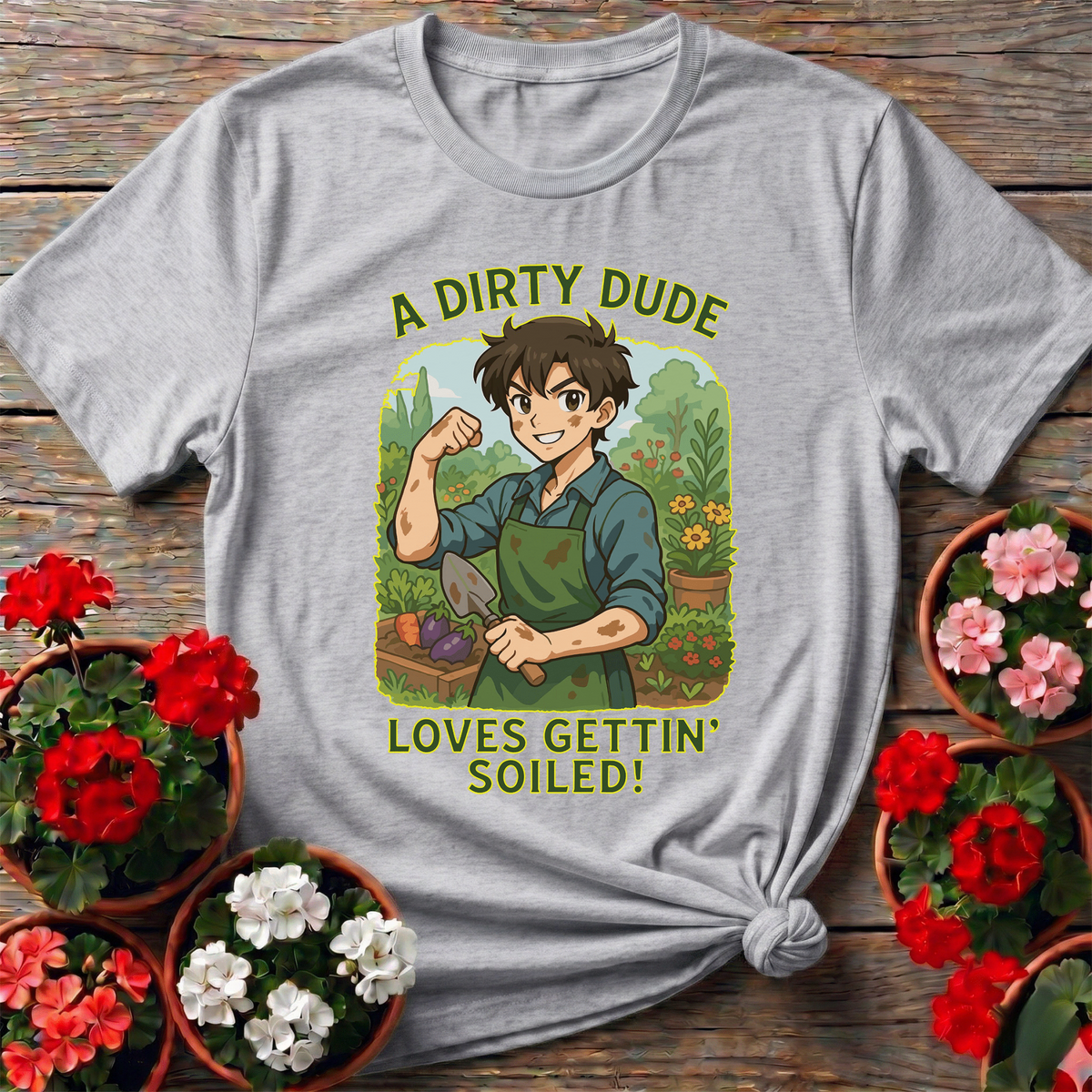 Dirty Dude Loves Gettin' Soiled Whimsical Manga Tee - GardeningTshirts
