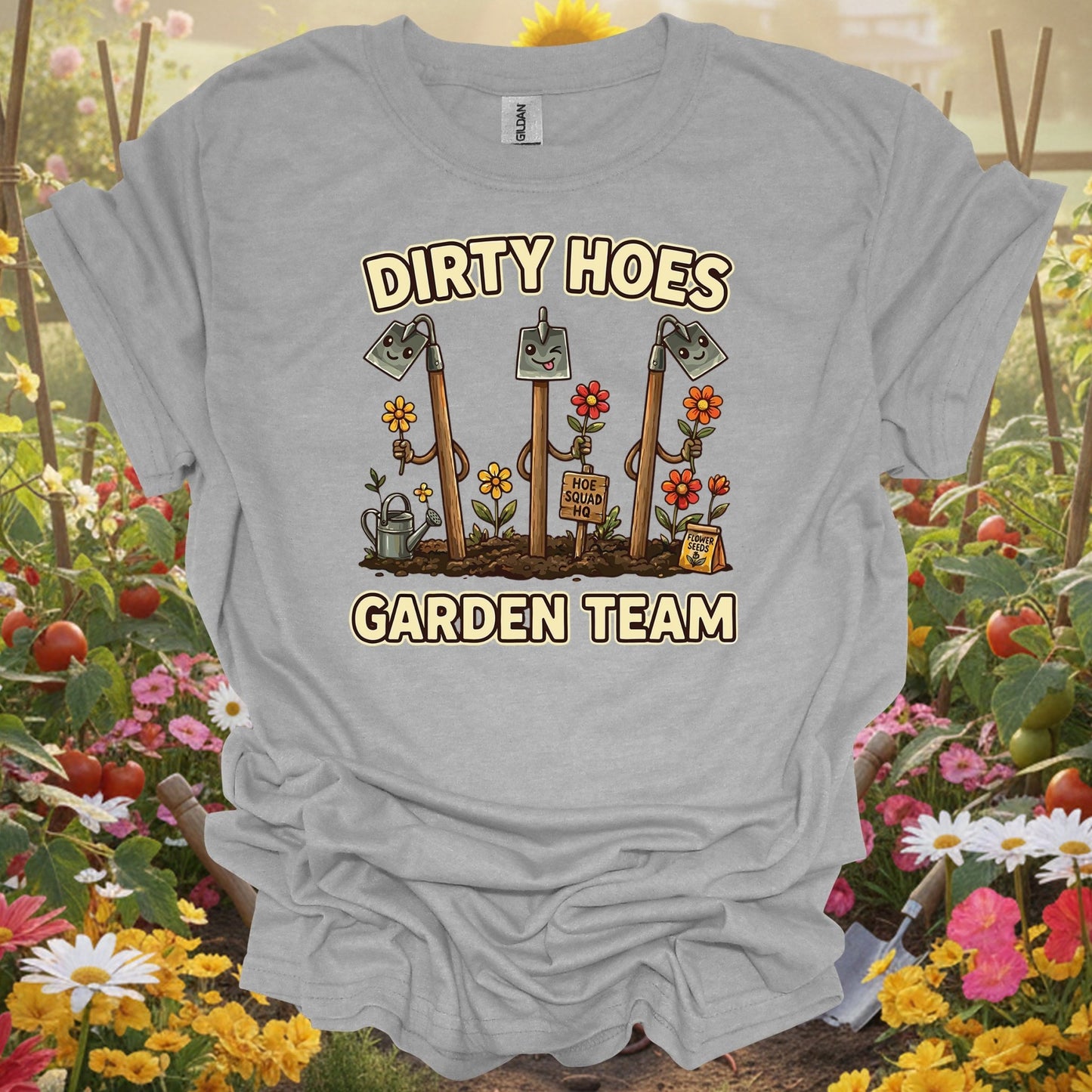 Sport Grey tshirt showing dirty hoes garden team funny gardener for gardening enthusiasts