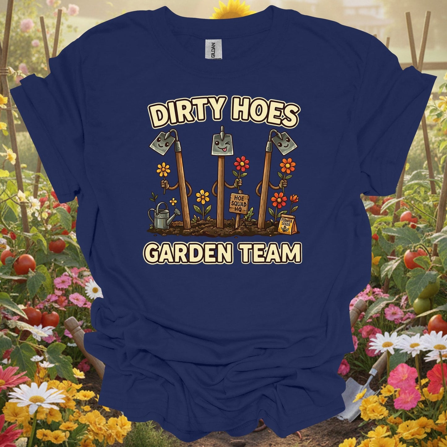 Navy top showing dirty hoes garden team funny gardener for green thumb folks