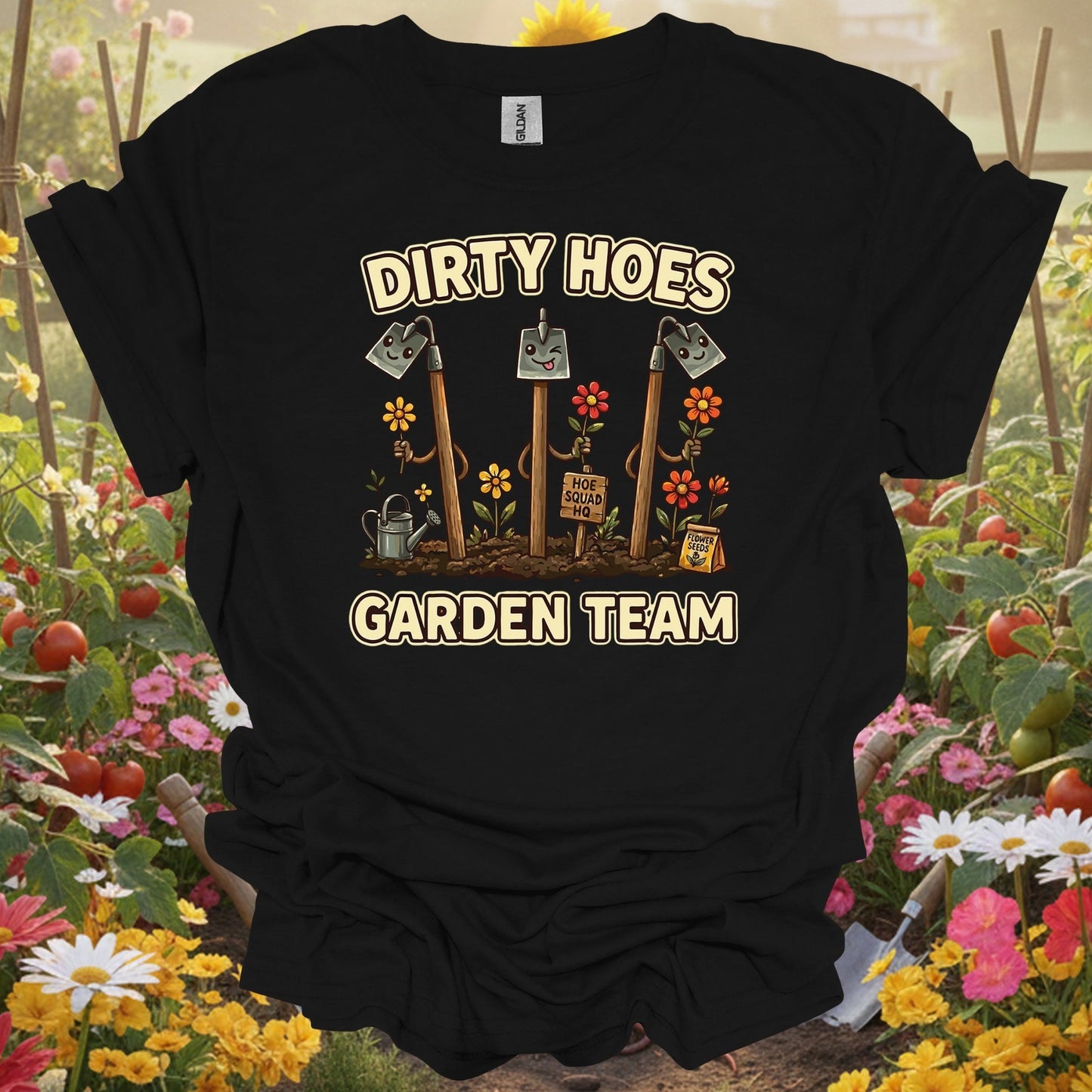 Black shirt showing dirty hoes garden team funny gardener for outdoor enthusiasts