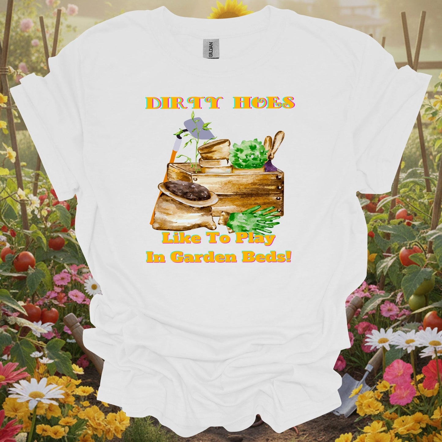 White tee with a playful narrative layout showing a wooden crate of plants for hobby farmers who love honest humor