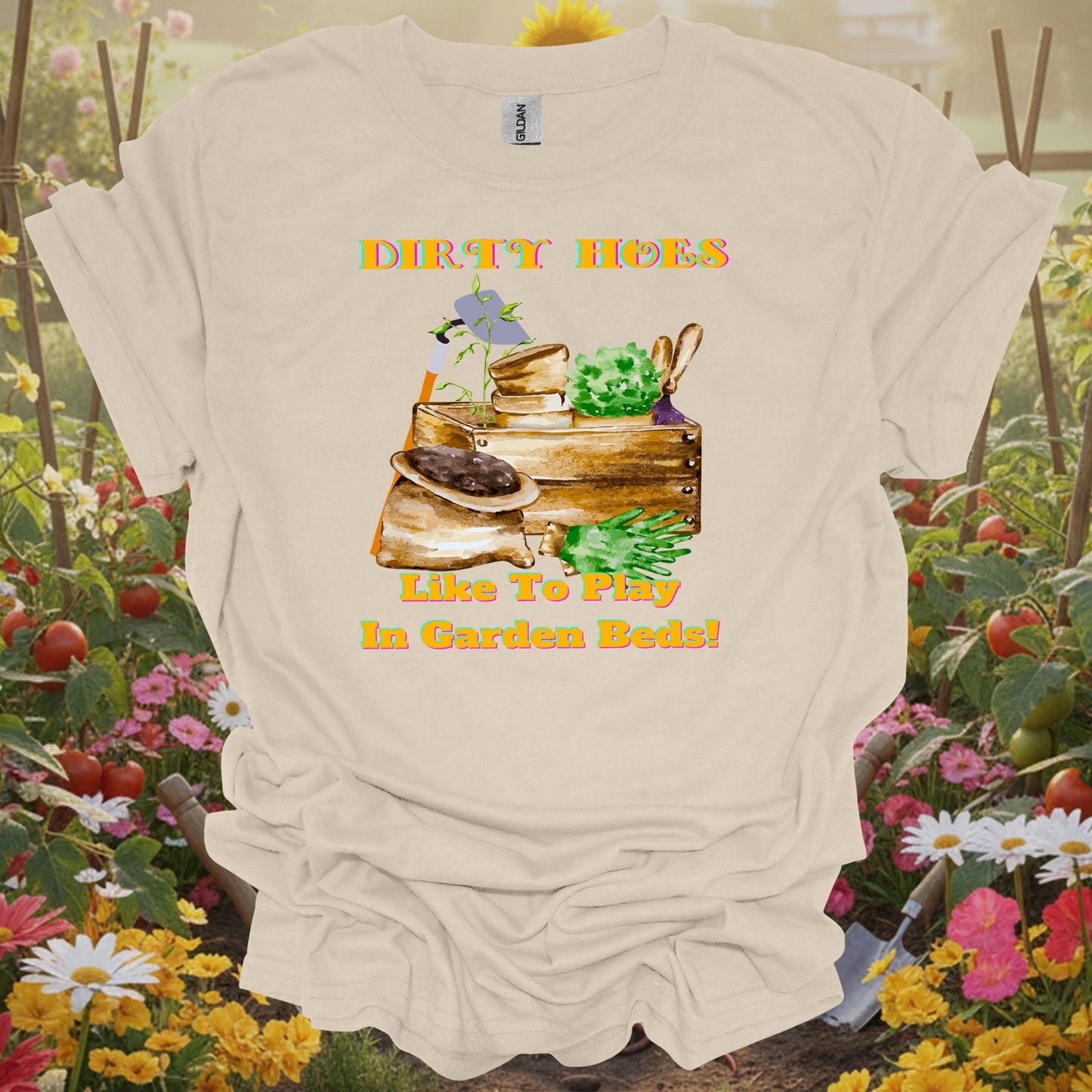 Natural top with an earthy vibe storybook art piece showing garden beds and tools for cottage garden enthusiasts
