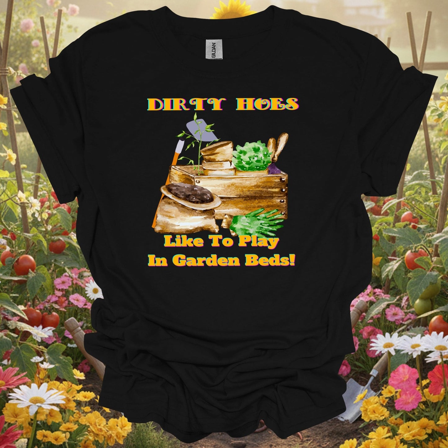 Black shirt featuring a detailed intentional cultivation theme with watercolor garden tools for greenhouse growers
