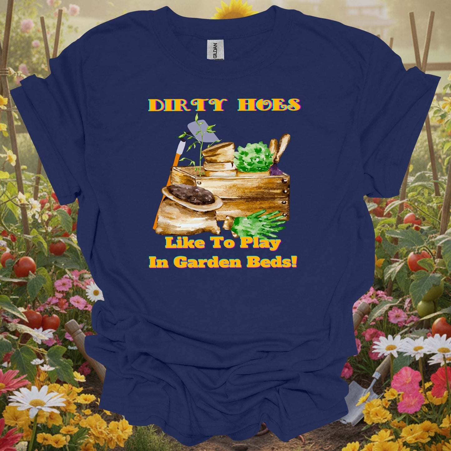 Navy shirt capturing nostalgic garden warmth with watercolor potting soil and tools for mindful gardeners