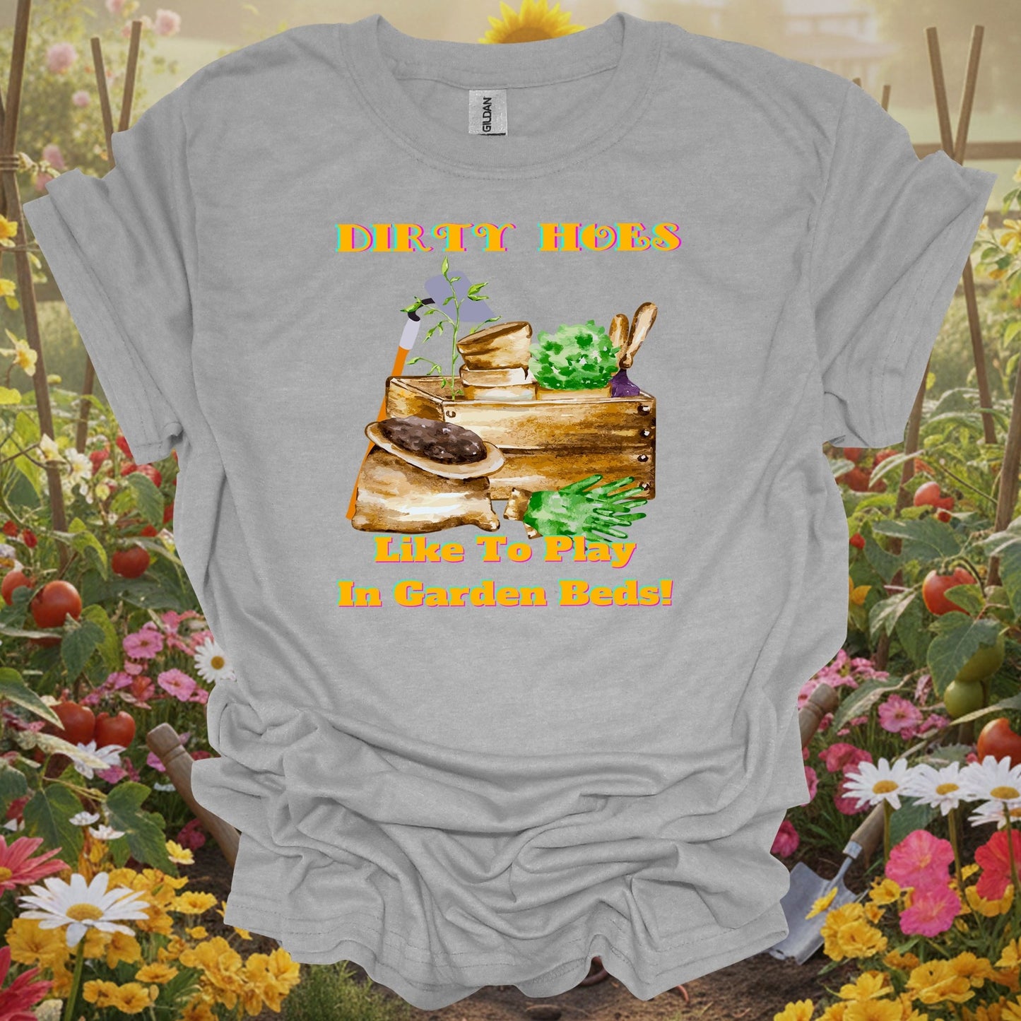 Sport Gray top showcasing retro-inspired storybook charm with a watercolor gardening scene for botanical pun lovers
