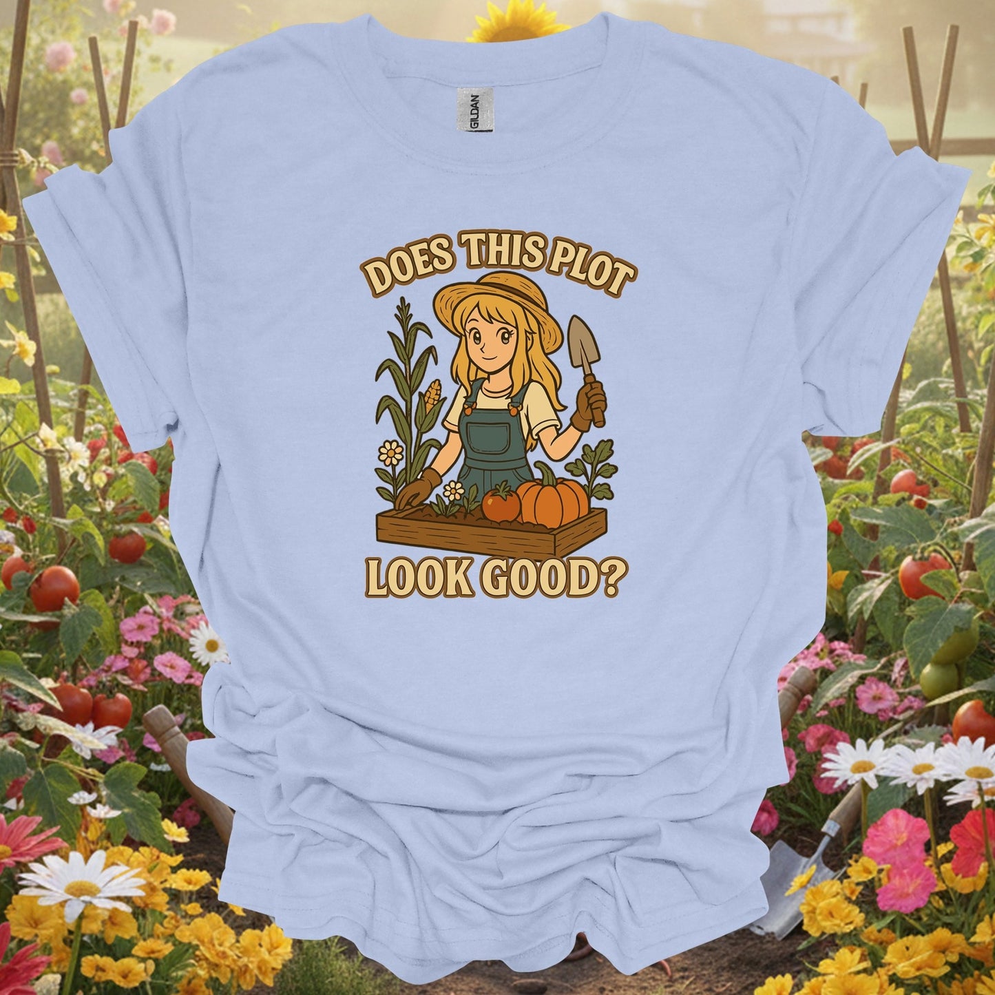 Light Blue shirt showing does this plot look good anime raised bed for home gardeners