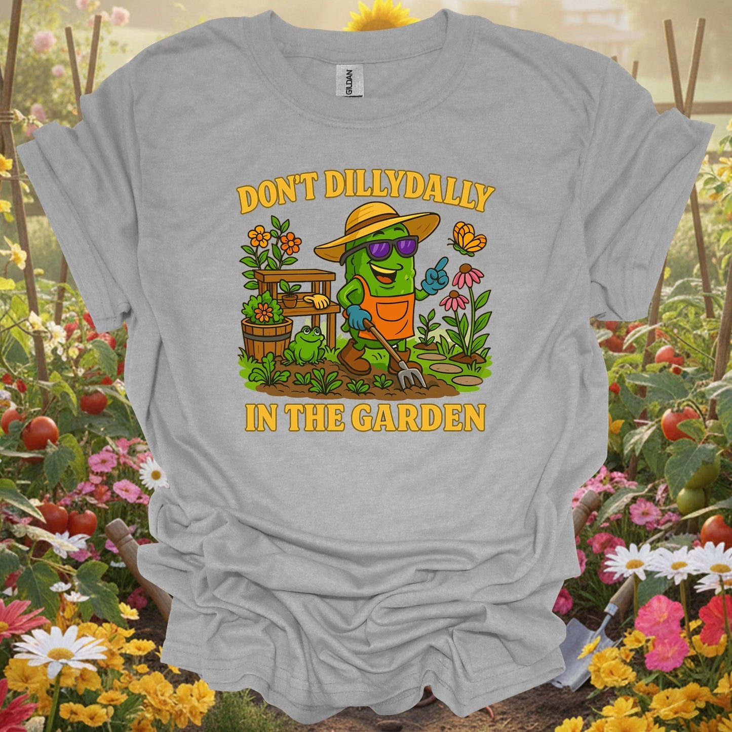 Sport Grey tshirt showing dont dilly dally in the garden funny pickle for backyard growers
