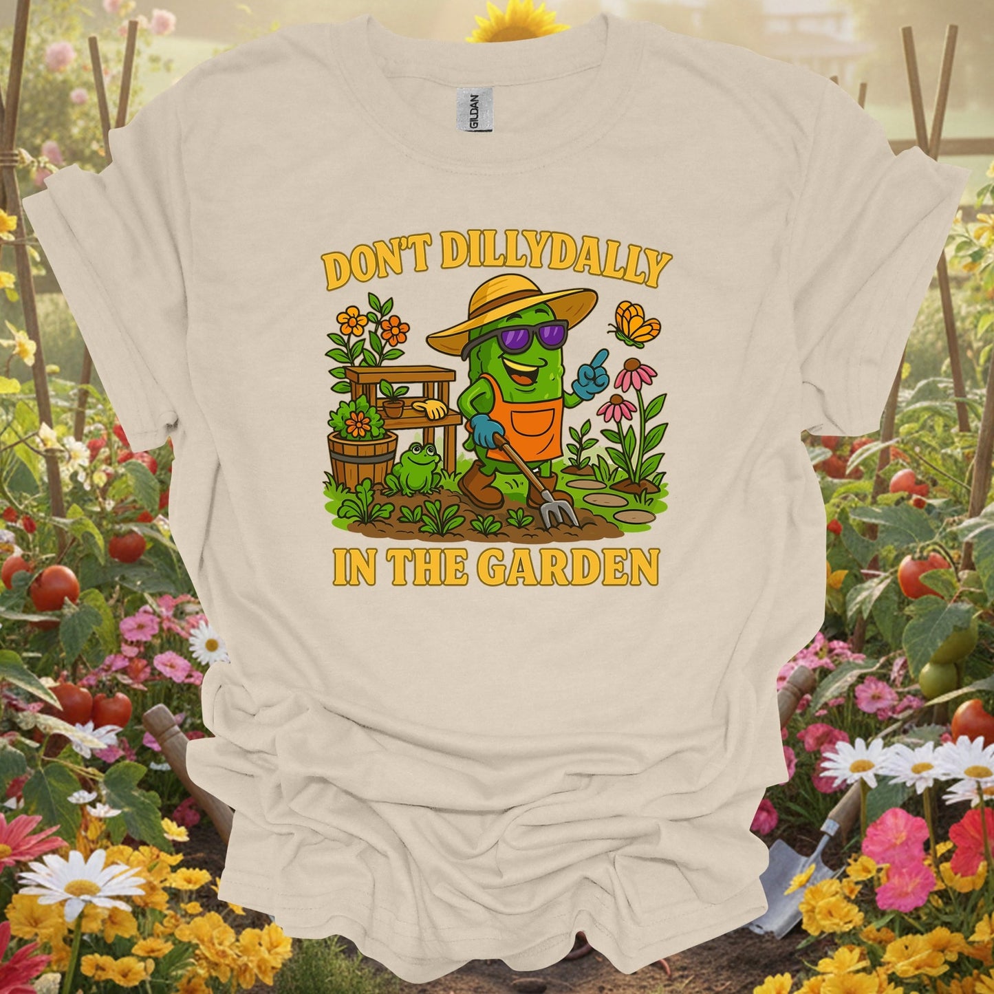Natural tshirt showing dont dilly dally in the garden funny pickle for people who love plants