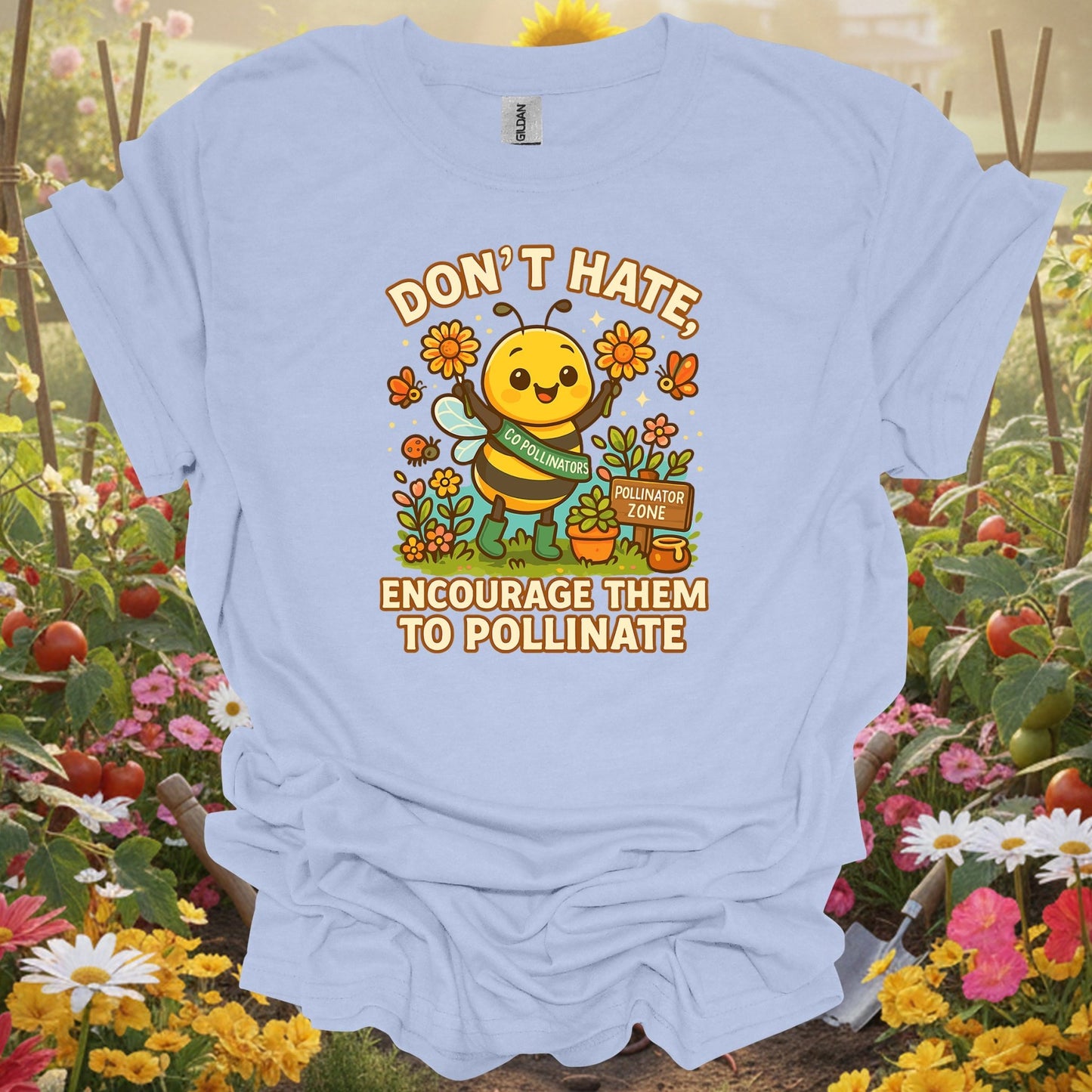 Light Blue shirt showing dont hate pollinate cute bee for home gardeners