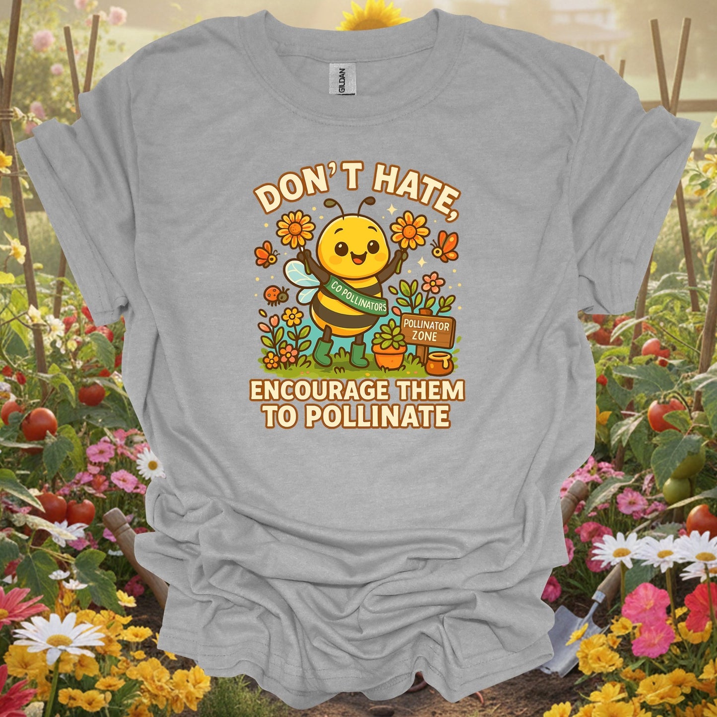 Sport Grey tshirt showing dont hate pollinate cute bee for gardening enthusiasts