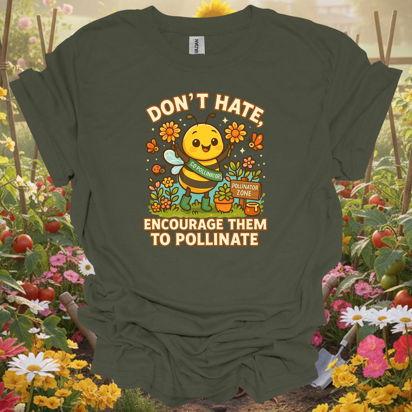 Military Green top showing dont hate pollinate cute bee for nature lovers