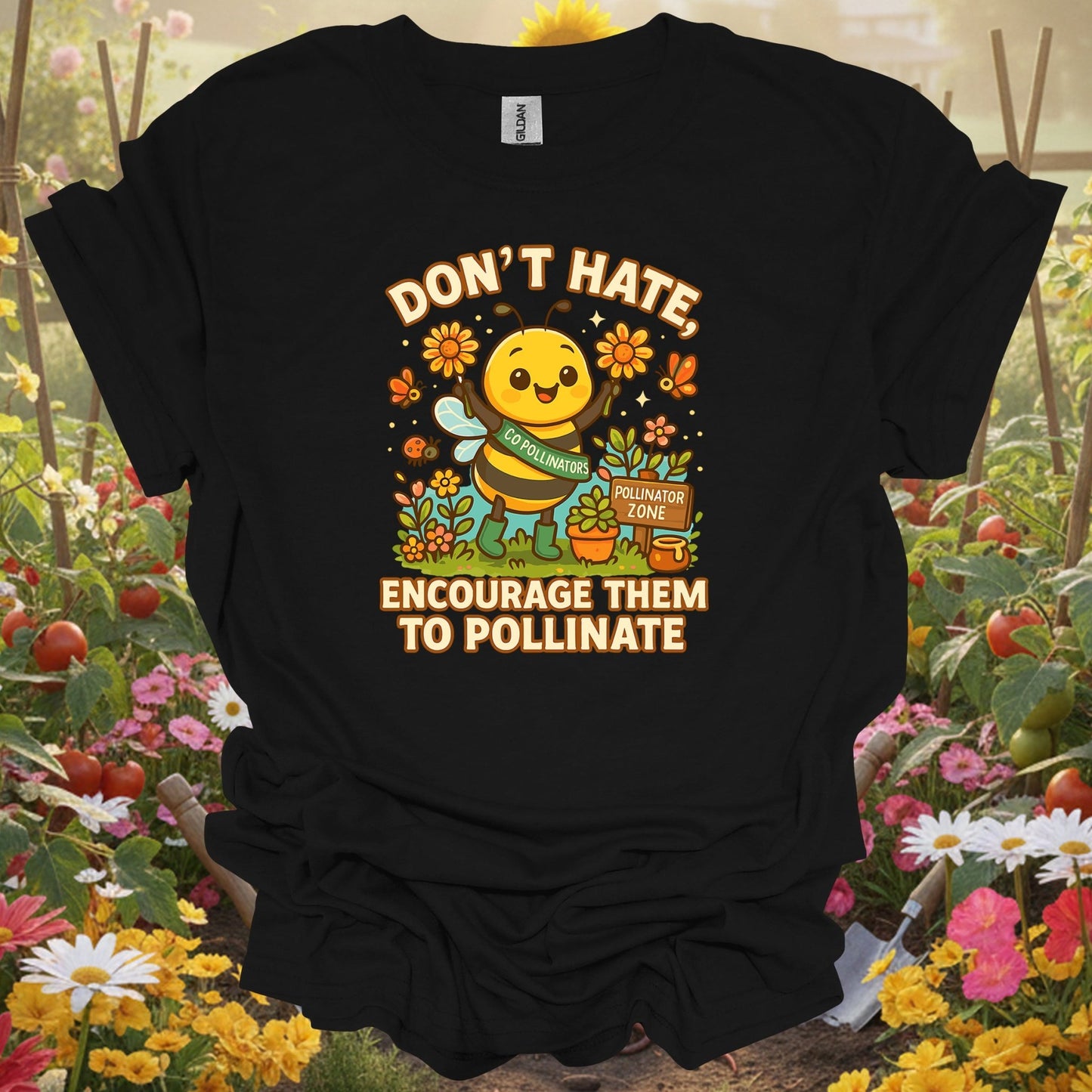 Black shirt showing dont hate pollinate cute bee for outdoor enthusiasts
